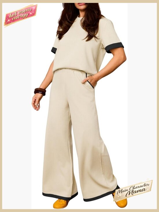 Pants - Lightweight Knit Lounge Set Short Sleeve Top Wide Leg Pants Casual Chic